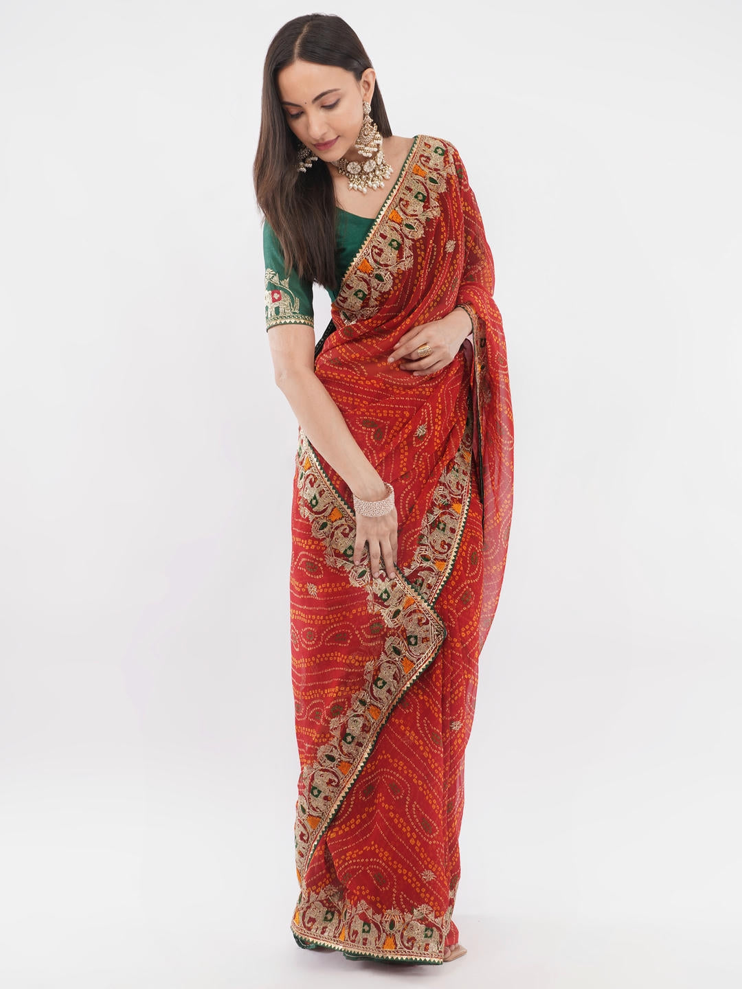 Samantha Deep Red And Gold Geometric Abstract Printed Georgette Saree With Unstitched Blouse Piece For Women Casual Wear