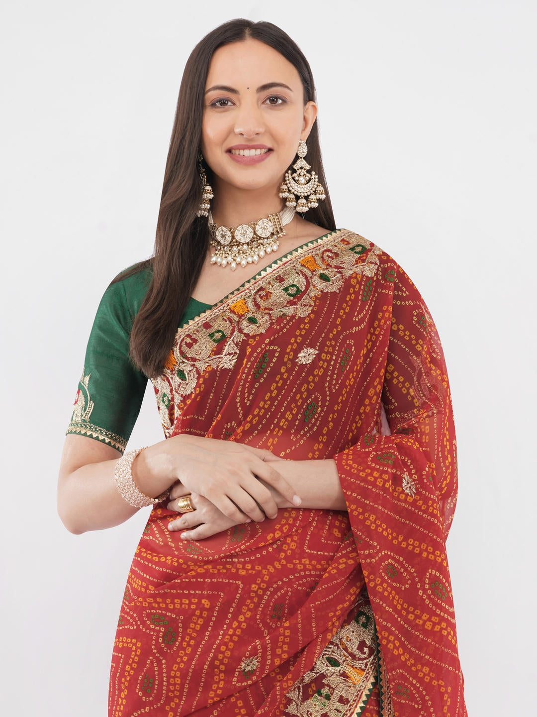 Samantha Deep Red And Gold Geometric Abstract Printed Georgette Saree With Unstitched Blouse Piece For Women Casual Wear