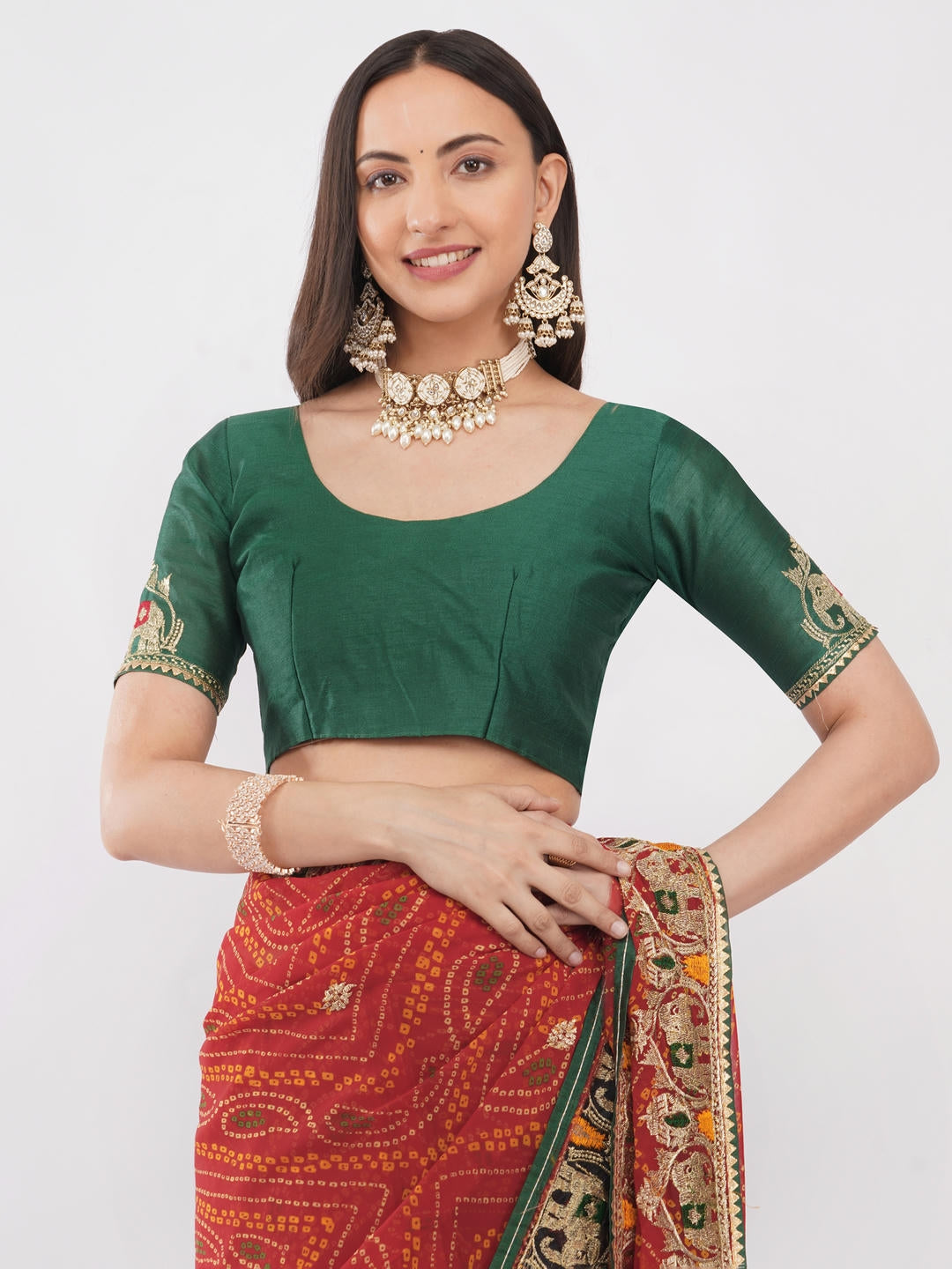 Samantha Deep Red And Gold Geometric Abstract Printed Georgette Saree With Unstitched Blouse Piece For Women Casual Wear