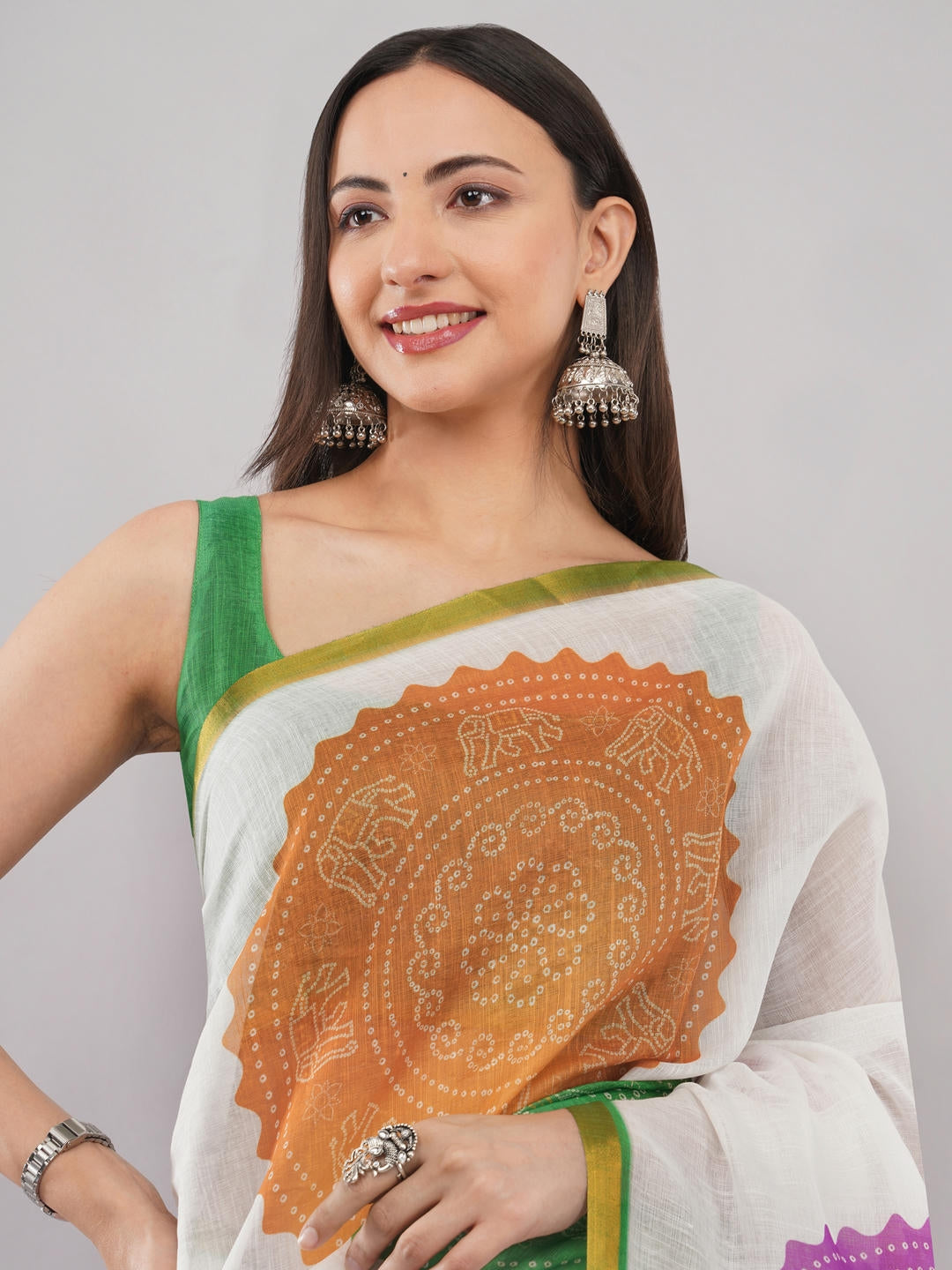 Samantha Off White And Purple Floral Geometric Printed Linen Fabric Saree With Unstitched Blouse Piece For Women Daily Office Wear