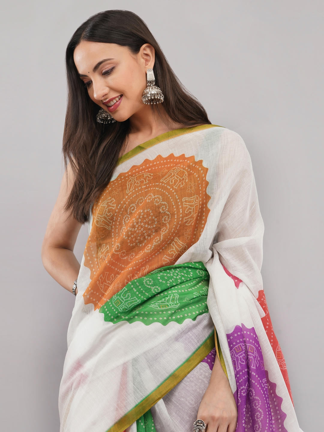 Samantha Off White And Purple Floral Geometric Printed Linen Fabric Saree With Unstitched Blouse Piece For Women Daily Office Wear
