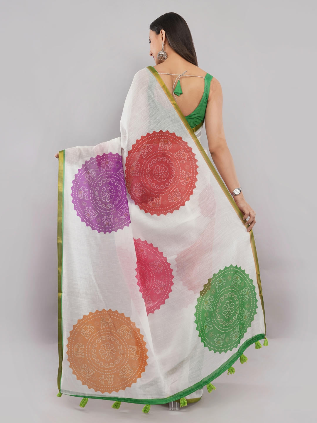 Samantha Off White And Purple Floral Geometric Printed Linen Fabric Saree With Unstitched Blouse Piece For Women Daily Office Wear