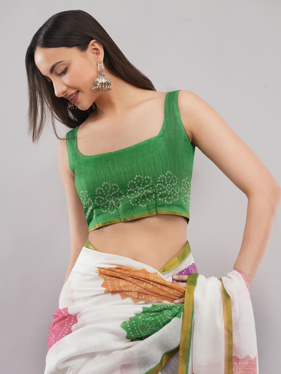 Samantha Off White And Purple Floral Geometric Printed Linen Fabric Saree With Unstitched Blouse Piece For Women Daily Office Wear